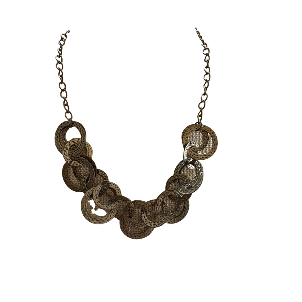 Antique Brass‎ Tone Textured Interlocking Ring Statement Bib Necklace Layering
